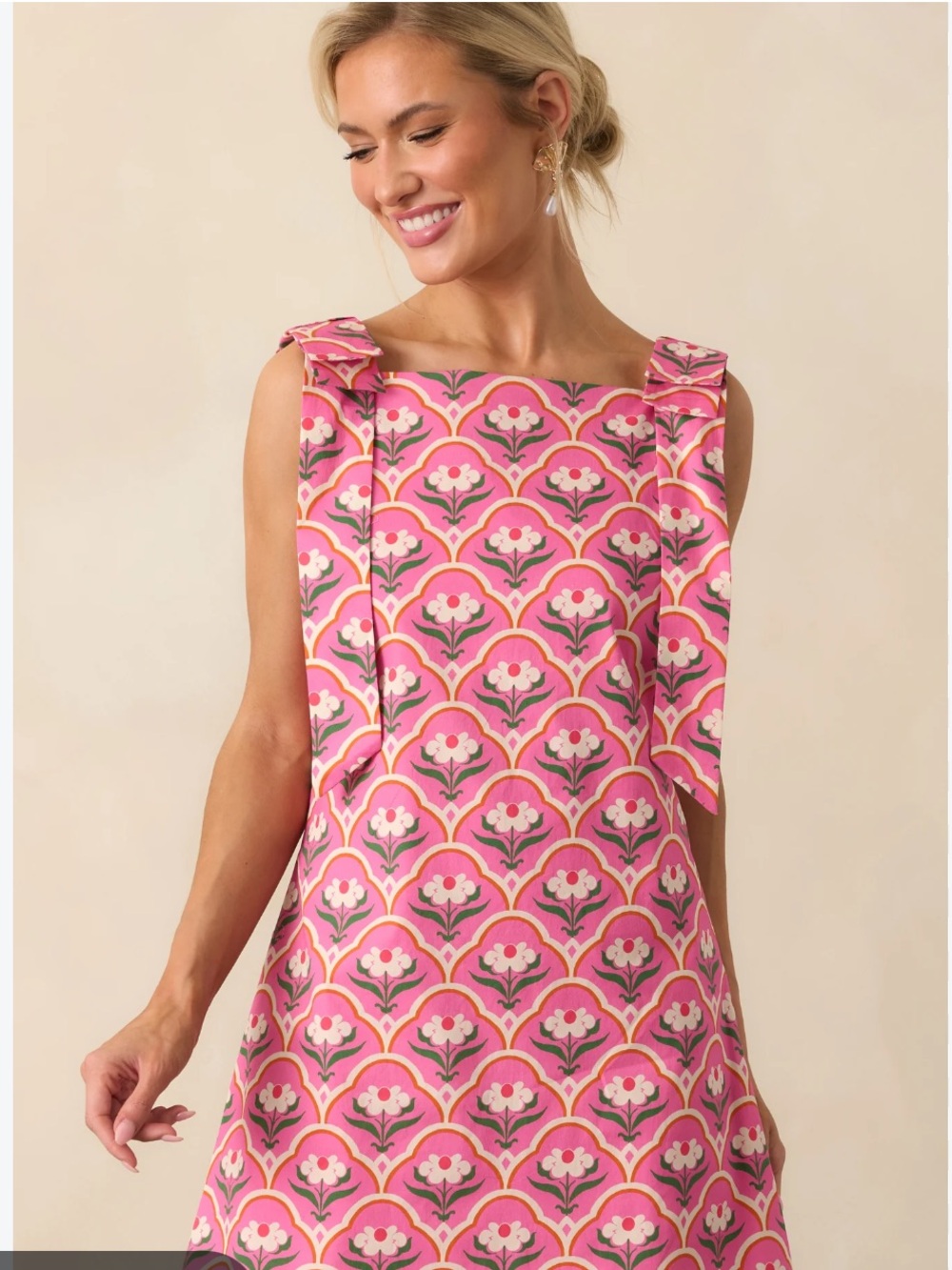 entro Pink Geometric Floral Tie-Shoulder Dress